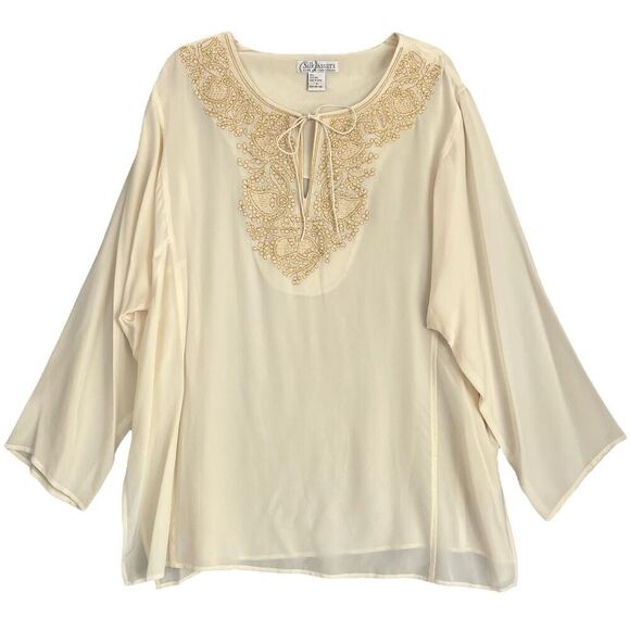 Diane von Furstenberg Embroidered Silk Tunic Womens 1X Cream Gold Sheer Elegant - Picture 1 of 10